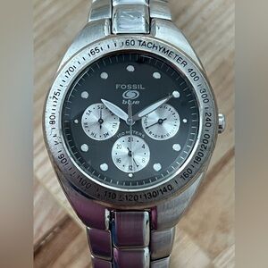 Fossil Blue Vintage Chronograph Style Watch Gray Dial Stainless Bracelet Date